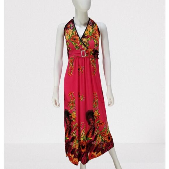 ACE Fashion Women's Pink Silk Floral Halter Midi Sun Dress, Size: Small, New - Picture 1 of 9